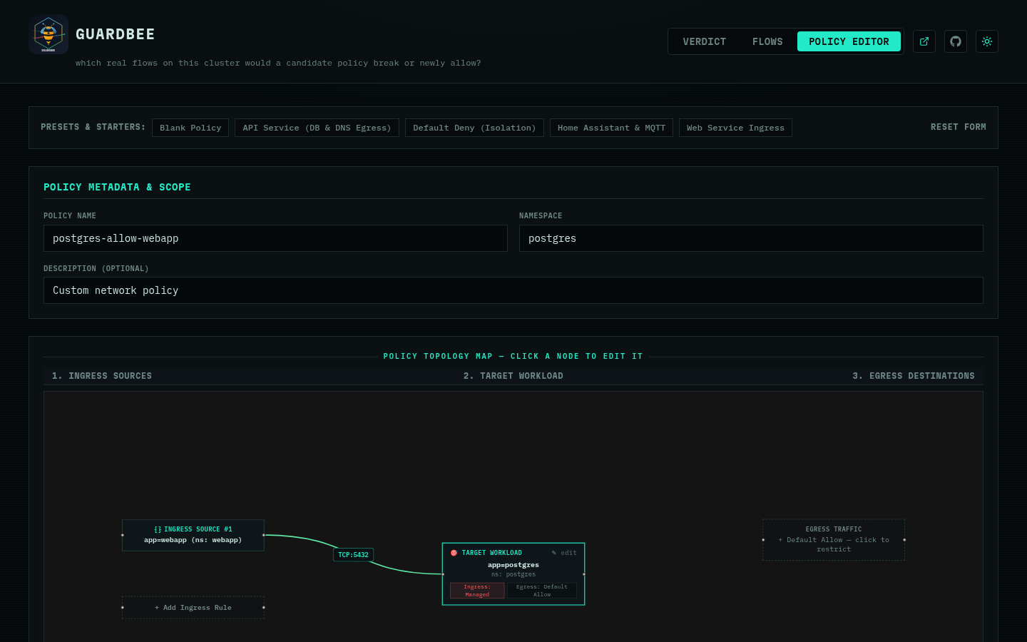 Policy Editor showing the postgres-allow-webapp candidate, target workload app=postgres, ingress from app=webapp