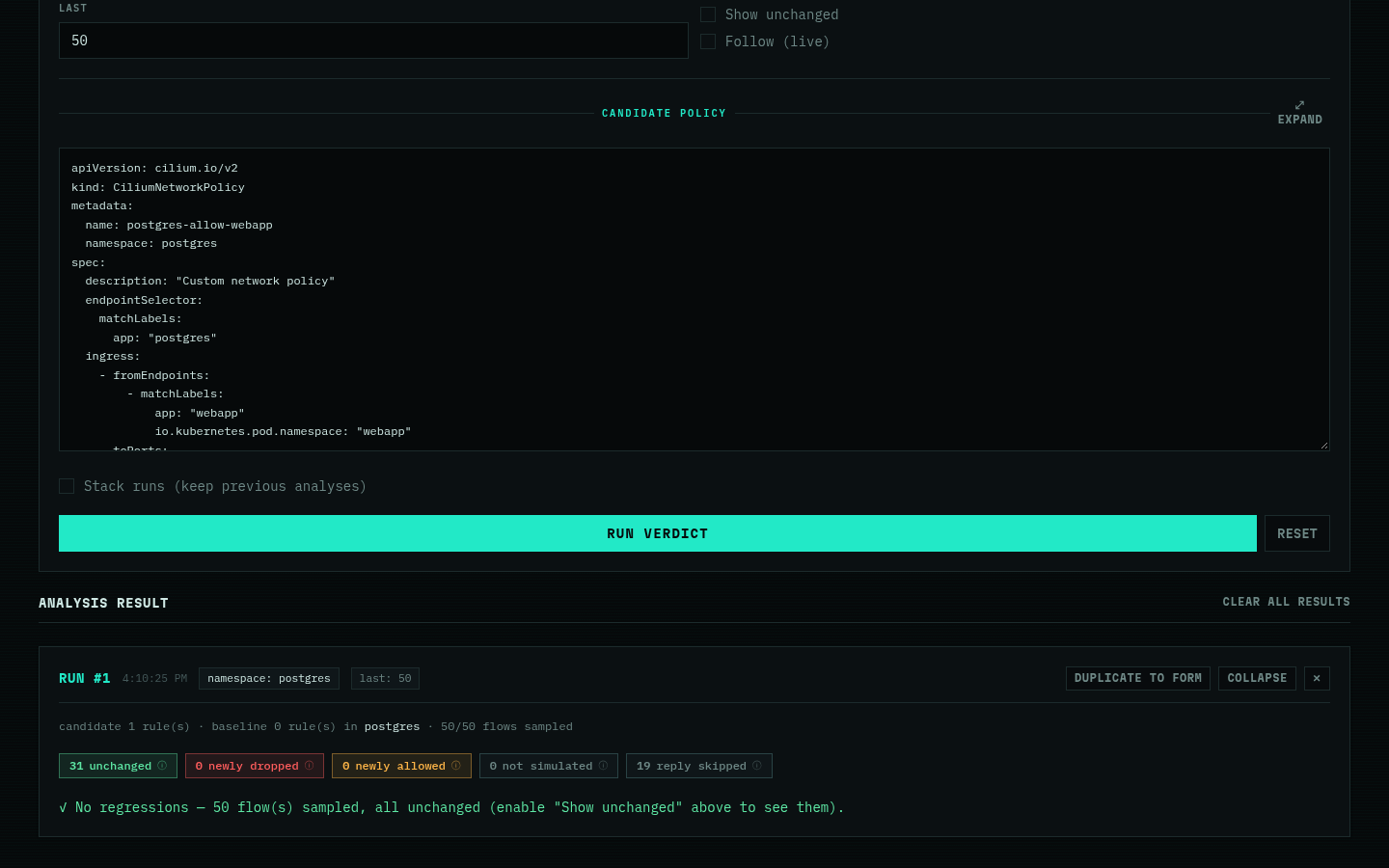 Verdict tab showing the corrected policy: zero newly dropped, zero newly allowed